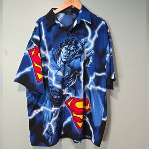 Vintage Y2K 2001 Warner Bros Superman AOP Graphic  Button Up Shirt SIze XL